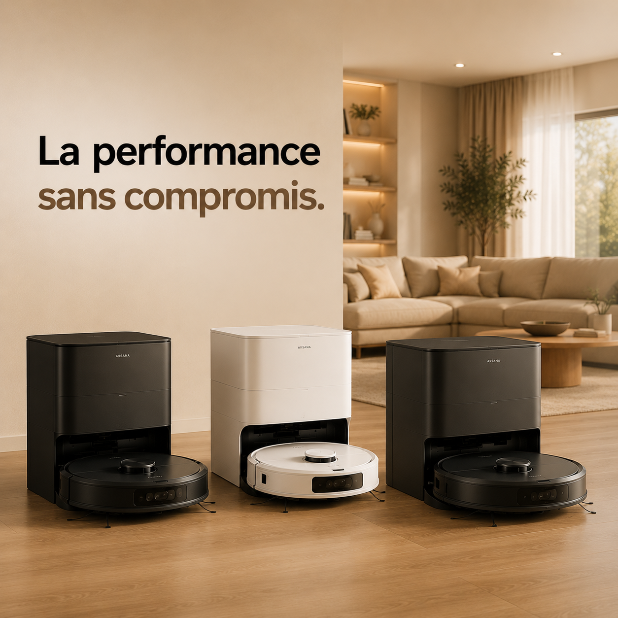 Robots aspirateurs laveurs AXSANA gamme PRO avec stations intelligentes dans un salon moderne haut de gamme, conçus pour offrir une aspiration puissante, un lavage automatique et une autonomie maximale. Image