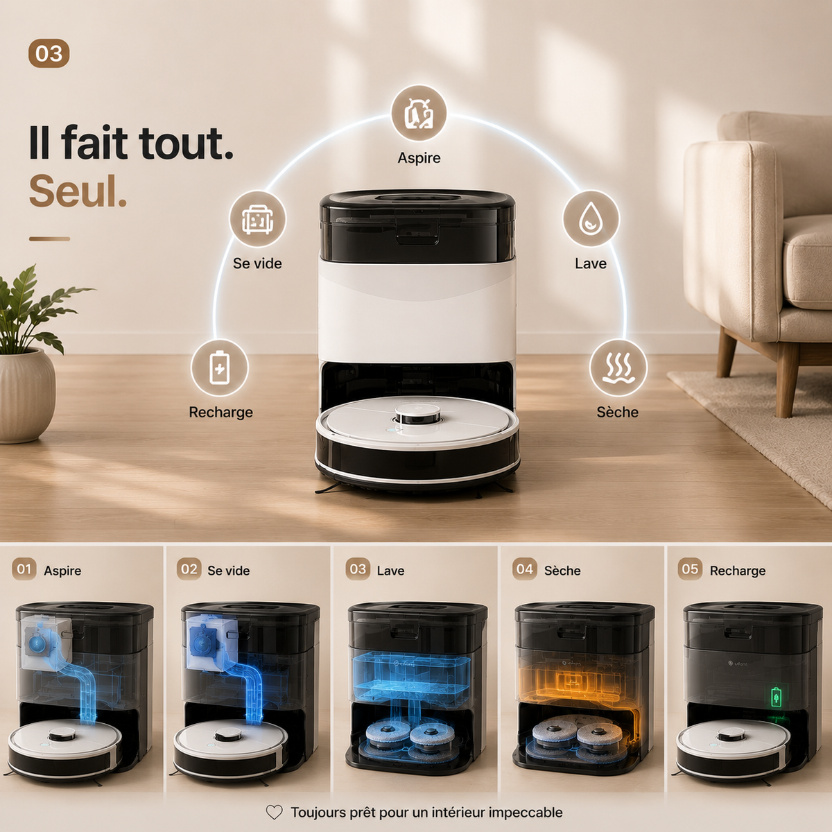 AXS-300 Robot Aspirateur Laveur 12 000 Pa, Station Omni Lavage et Séchage Serpillières 45°C