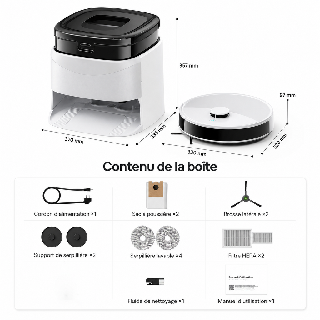 AXS-300 Robot Aspirateur Laveur 12 000 Pa, Station Omni Lavage et Séchage Serpillières 45°C