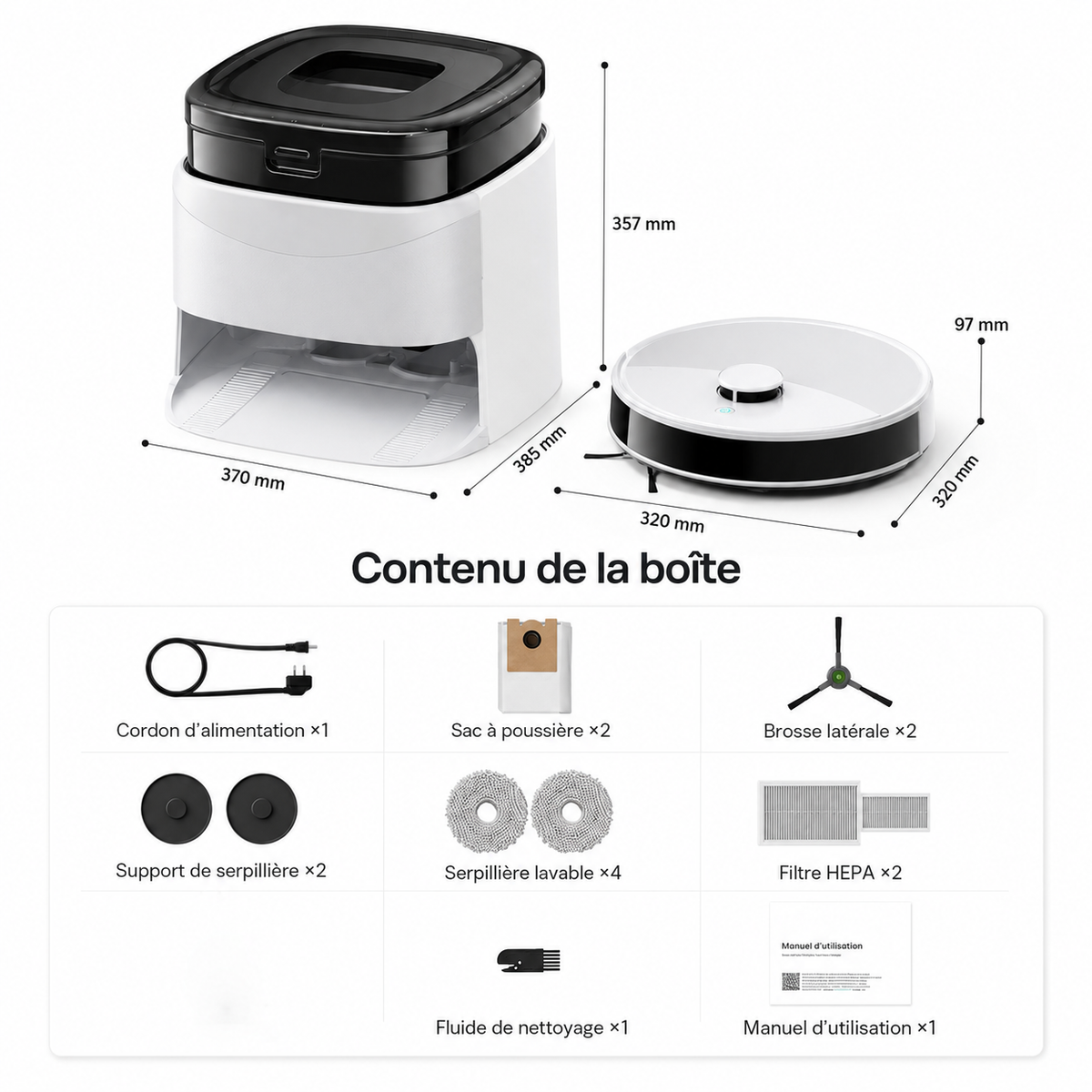 AXS-300 Robot Aspirateur Laveur 12 000 Pa, Station Omni Lavage et Séchage Serpillières 45°C